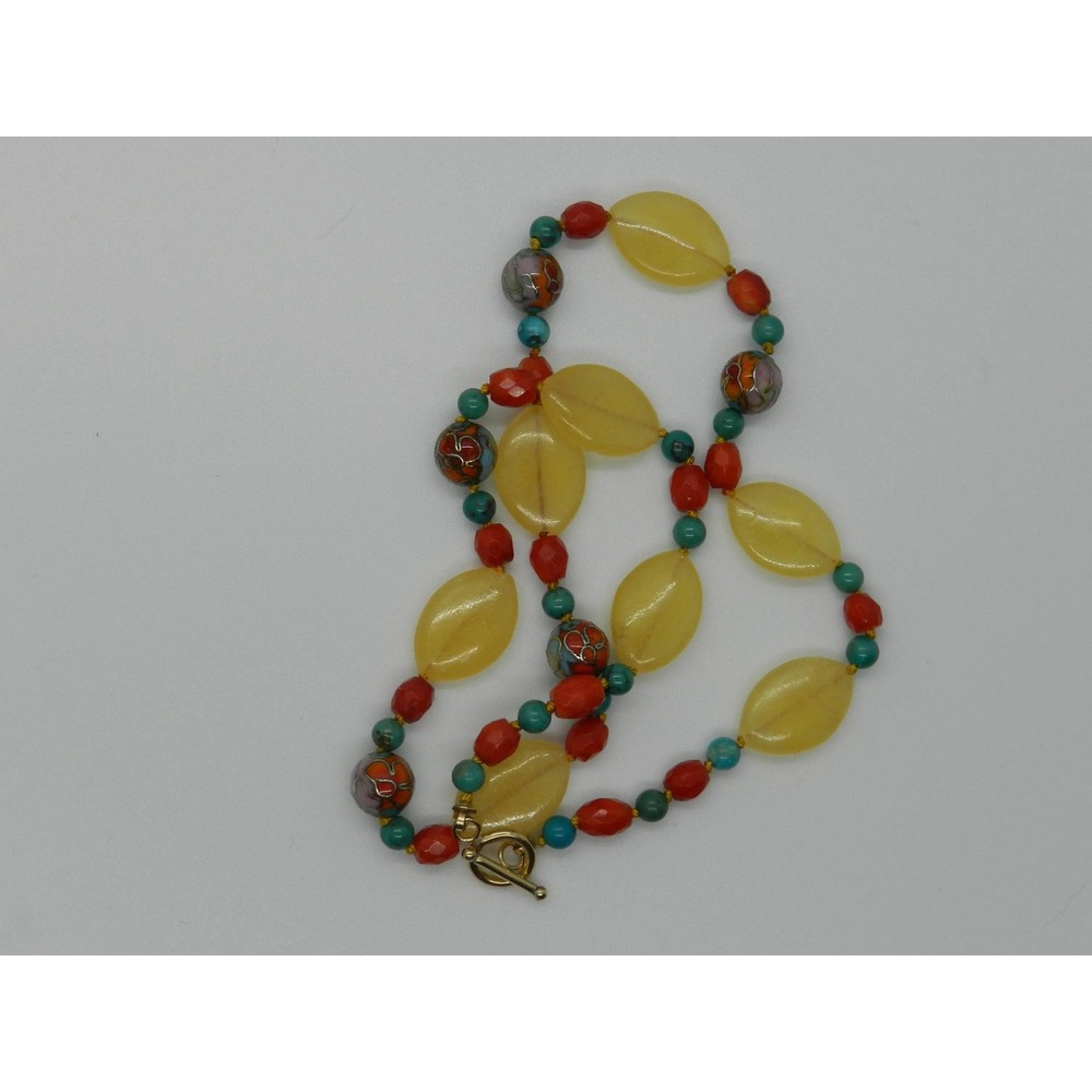 16 inch MultiColor Necklace with Cloisonné, Coral, Calcite & Turquoise Beads